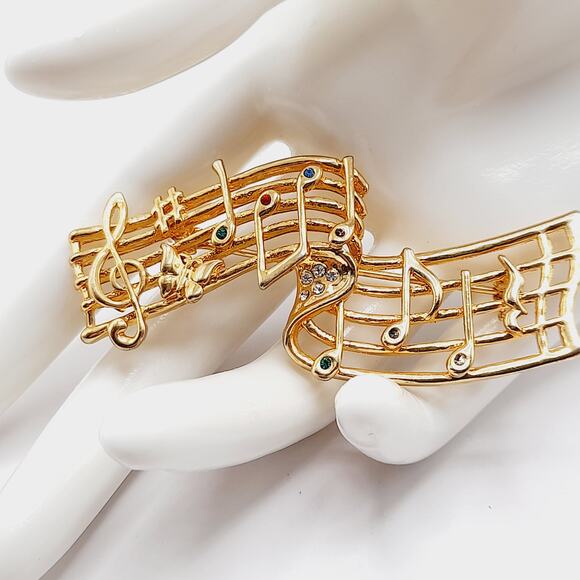 Vintage Musical Notes Brooch Gold Tone Music Staff Pin with Rhinestones – 2.75” - Picture 1 of 8
